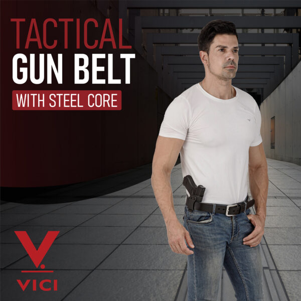 Athletic man wearing VICI Tactical steel core gun belt with jeans and a white T-shirt.