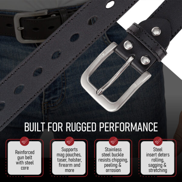 Up close of VICI Tactical leather gun belt stainless steel buckle, precision stitching, and oval holes.