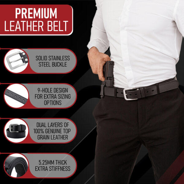 VICI Tactical premium leather gun belt with stainless steel buckle, 9 hole design for extra sizing options, dual layers of 100% genuine top grain leather, and 5.25mm extra thick stiffness.