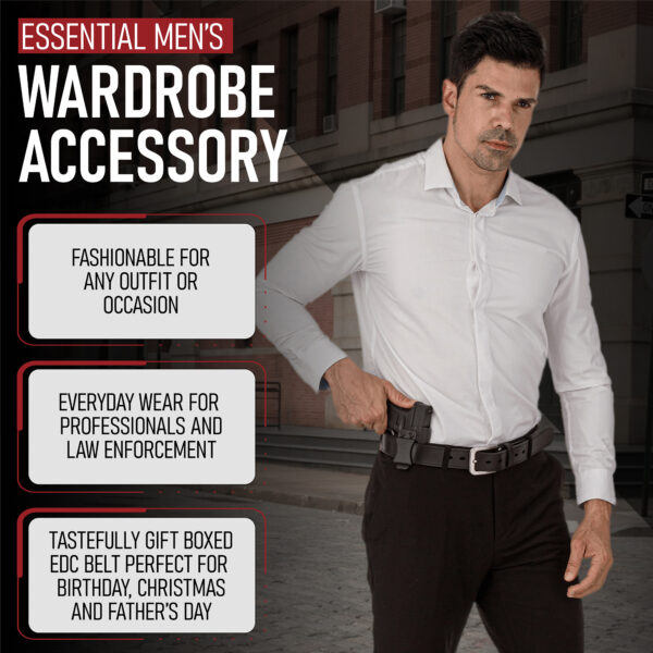 Essential Men's Wardrobe Accessory. Fashionable for any outfit or occasion. Everyday wear for professionals and law enforcement. Tastefully gift boxed edc belt perfect for birthday, Christmas, fand Father's Day.