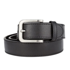 Classic black leather gun belt with reinforced steel core and stainless steel prong buckle.