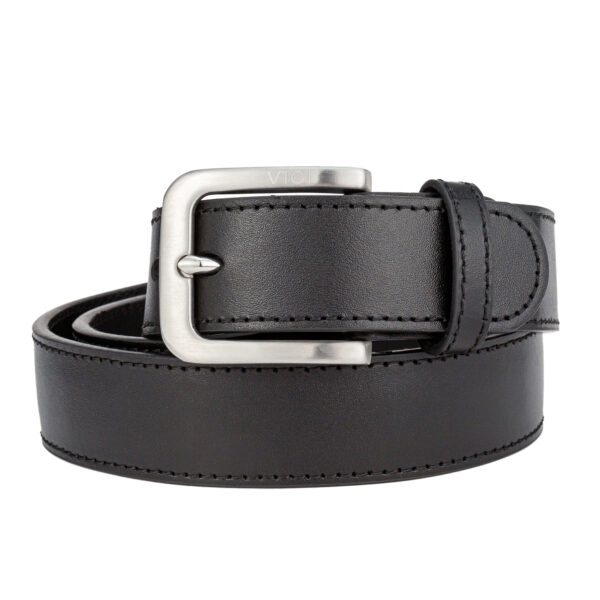 Classic black leather gun belt with reinforced steel core and stainless steel prong buckle.