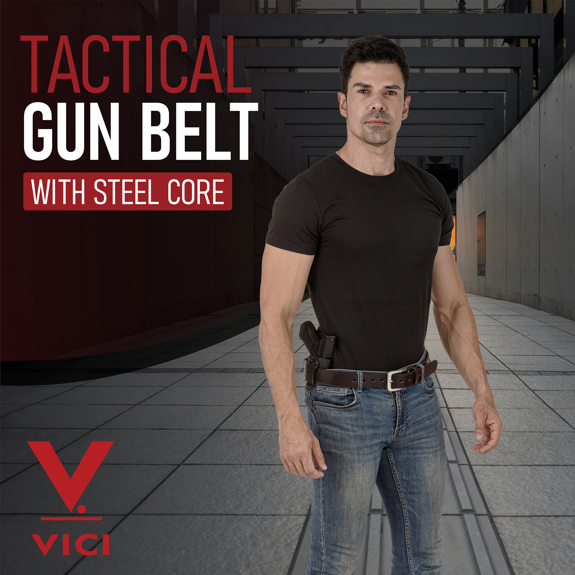 Athletic man wearing VICI Tactical steel core gun belt with jeans and a black T-shirt.
