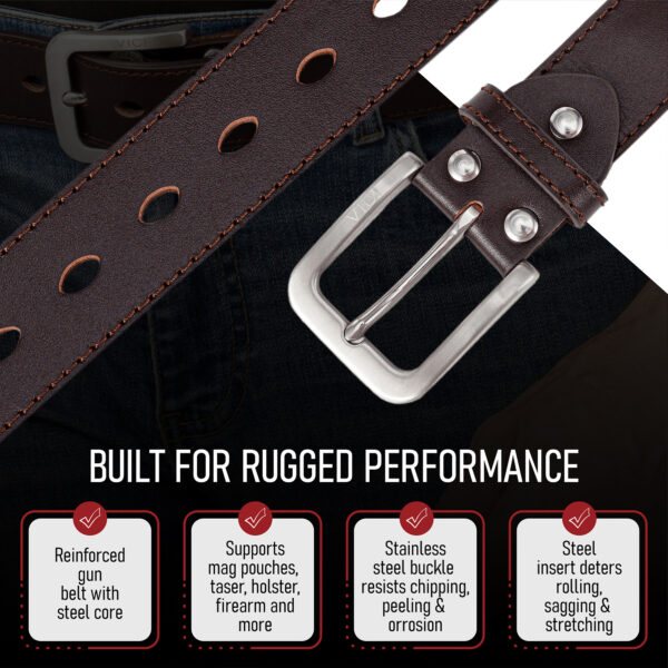 Up close of VICI Tactical leather gun belt stainless steel buckle, precision stitching, and oval holes.
