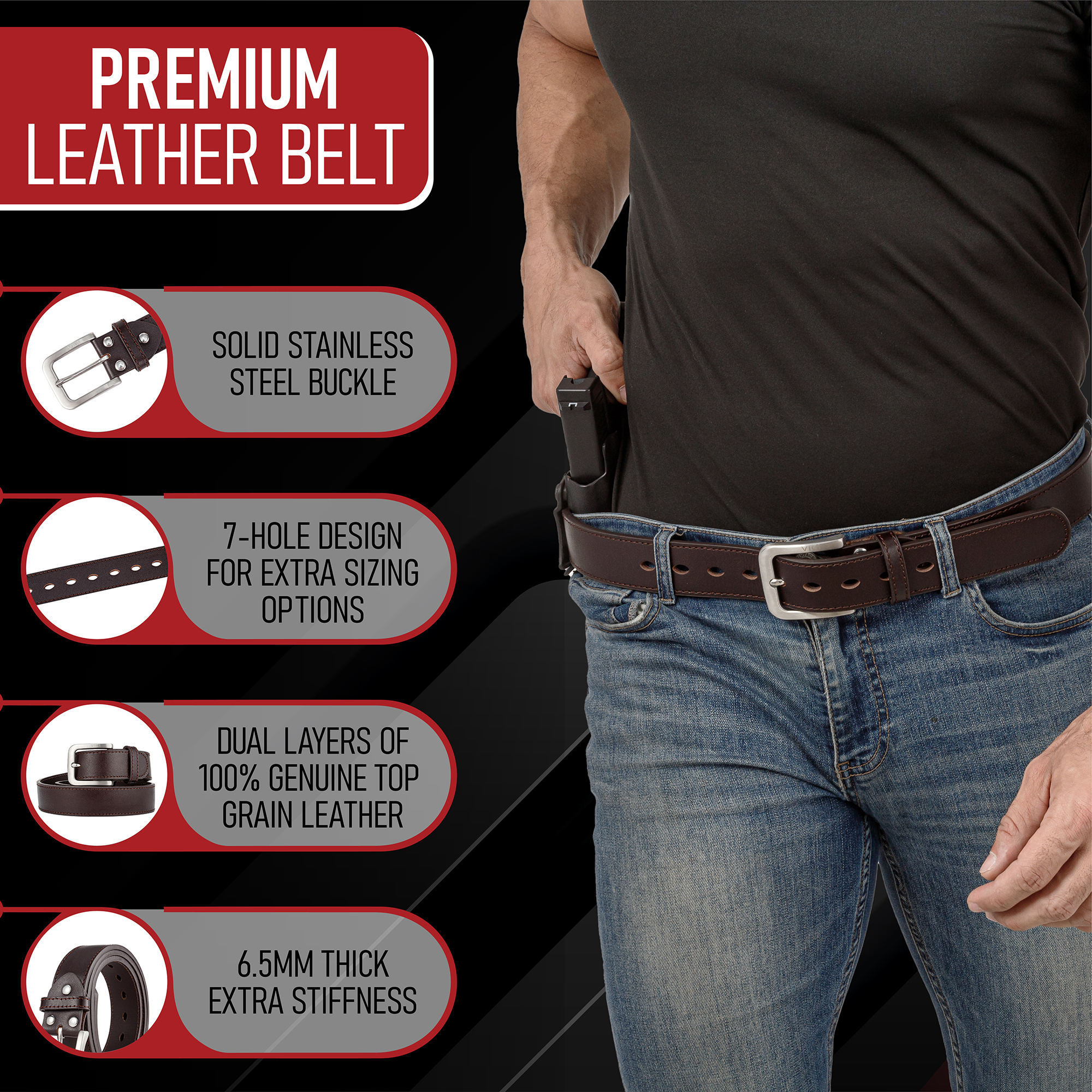 VICI Tactical premium leather gun belt with stainless steel buckle, 9 hole design for extra sizing options, dual layers of 100% genuine top grain leather, and 5.25mm extra thick stiffness.