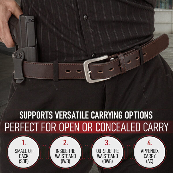 Supports versatile carrying options, perfect for open or concealed carry including, Small of Back (SOB), Inside the Waistband (IWB), Outside the Waistband (OWB), and Appendix Carry (AC)