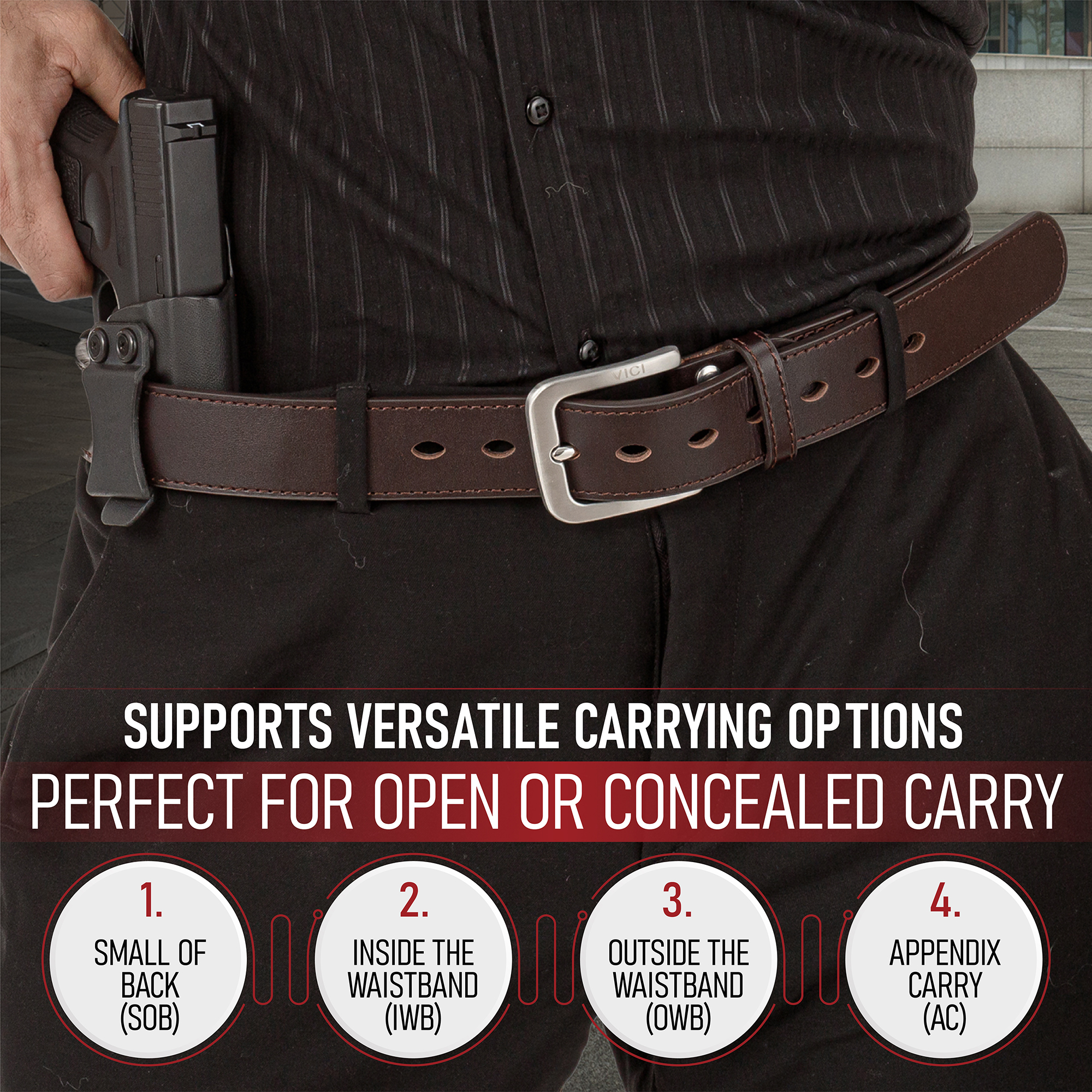 Supports versatile carrying options, perfect for open or concealed carry including, Small of Back (SOB), Inside the Waistband (IWB), Outside the Waistband (OWB), and Appendix Carry (AC)