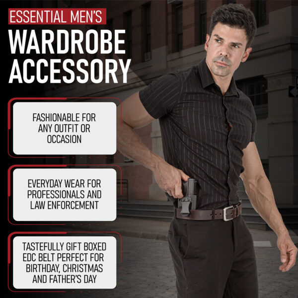 Essential Men's Wardrobe Accessory. Fashionable for any outfit or occasion. Everyday wear for professionals and law enforcement. Tastefully gift boxed edc belt perfect for birthday, Christmas, fand Father's Day.
