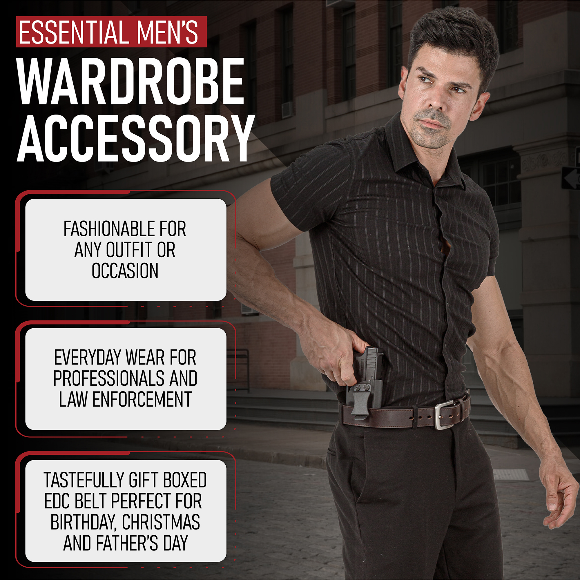 Essential Men's Wardrobe Accessory. Fashionable for any outfit or occasion. Everyday wear for professionals and law enforcement. Tastefully gift boxed edc belt perfect for birthday, Christmas, fand Father's Day.
