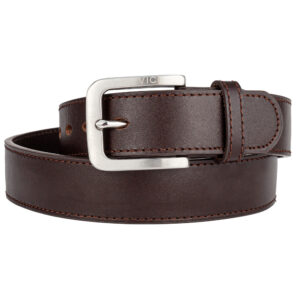 Rich brown leather gun belt with reinforced steel core and stainless steel prong buckle.