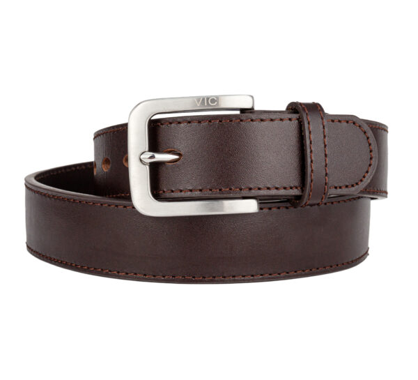 Rich brown leather gun belt with reinforced steel core and stainless steel prong buckle.