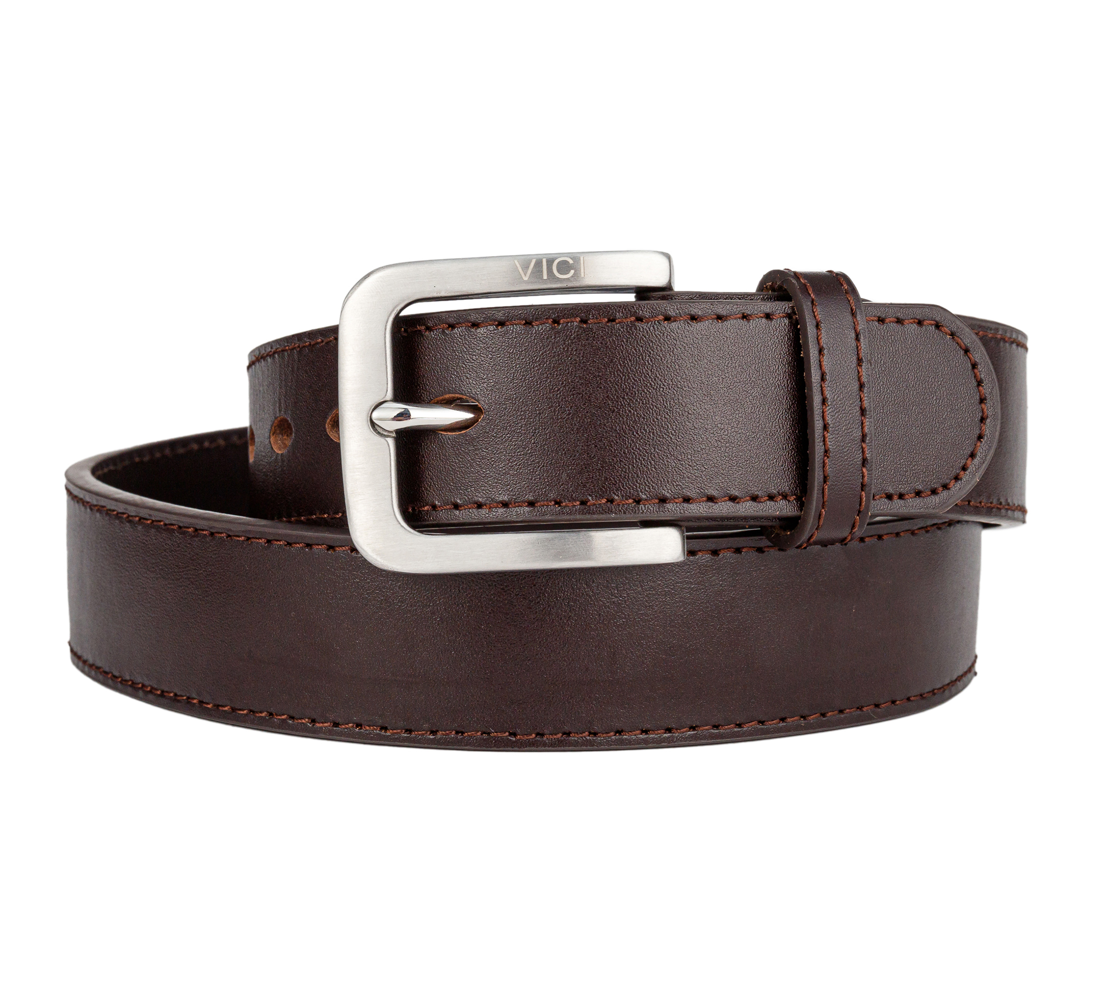 Rich brown leather gun belt with reinforced steel core and stainless steel prong buckle.